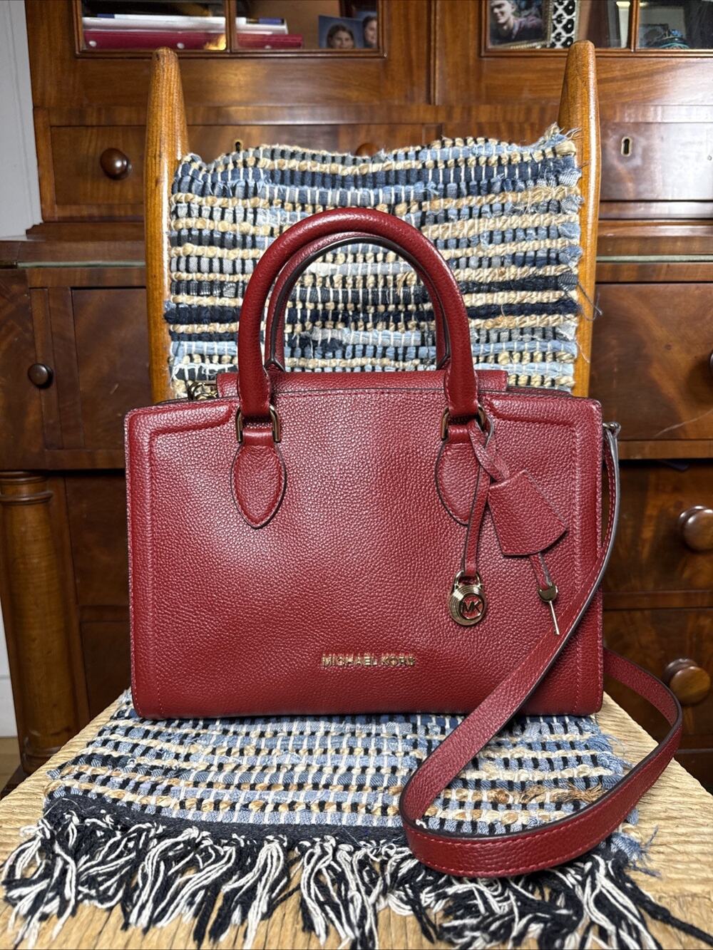 Michael Kors Zoe Medium Pebbled Leather Satchel Red Gold Hardware Crossbody